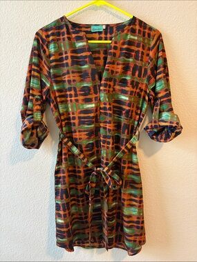 Daven Long Sleeve Wrap Dress in Orange & Green